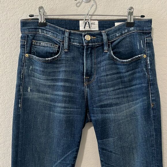 FRAME Denim Le Boy Jeans High Rise Burnett Raw Hem w Slit Gold Rivets, Size 25 - Picture 2 of 12